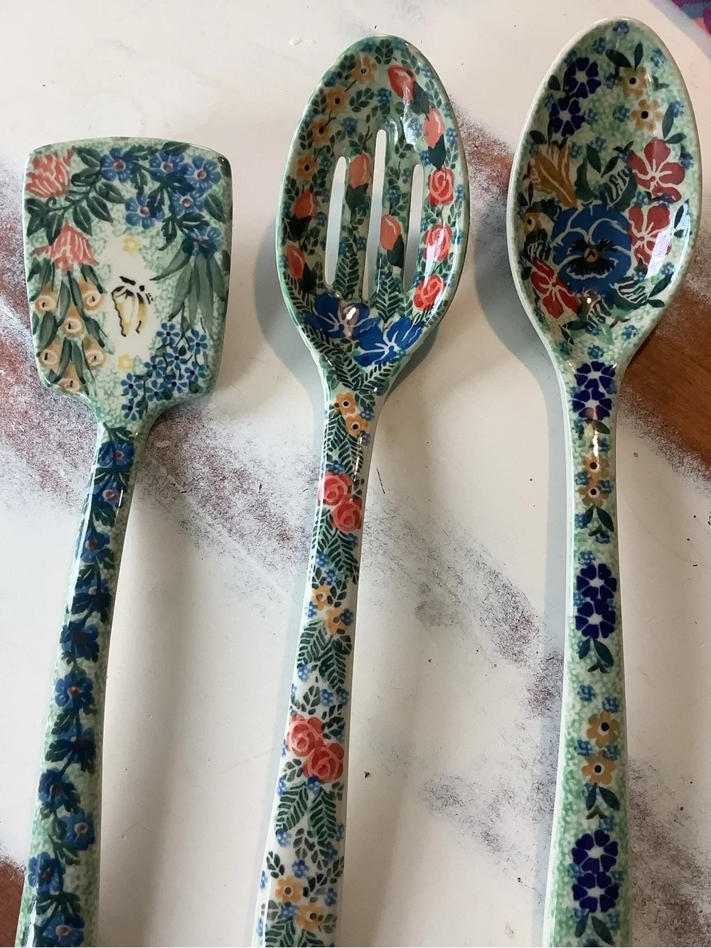 Lot Of 3 Three Polish Pottery UNIKAT serving Utensils Spoon 13”